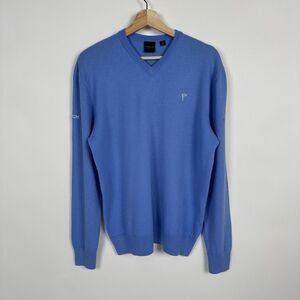 Dunning Golf Wool Sweater Mens XL Blue V-Neck Pullover Logo Classic Fit Initials